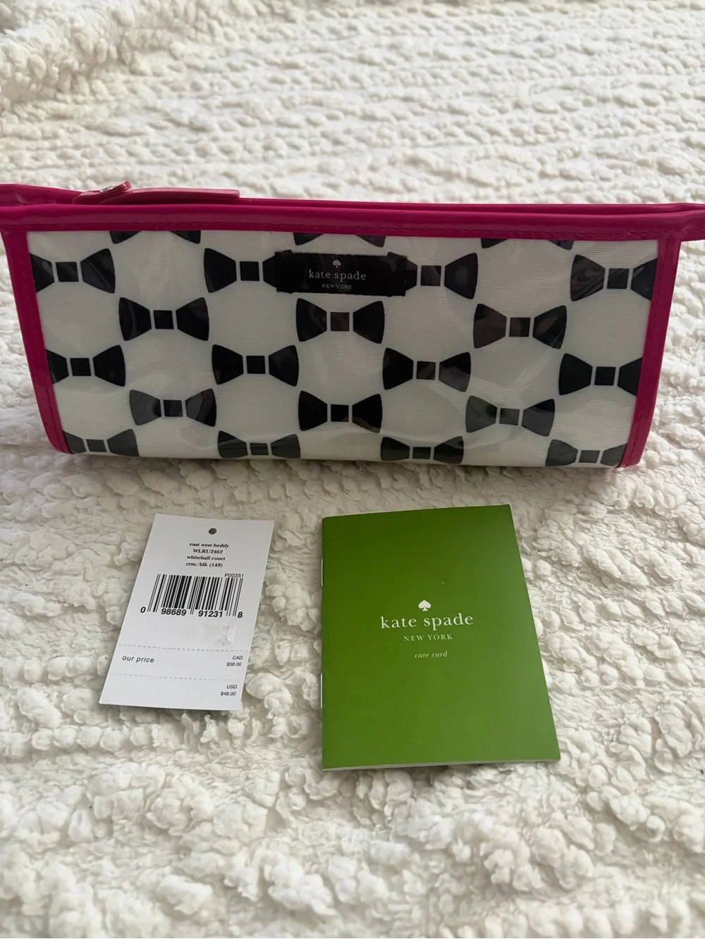 kate spade Black Bow Print Cosmetic Pouch with Hot Pink Trim